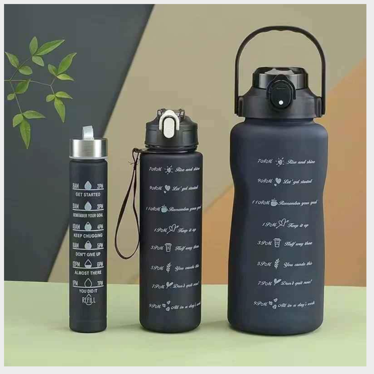 Brand New Model Motivational Water Bottles Black -2L 900ML 300ML -1 Set 